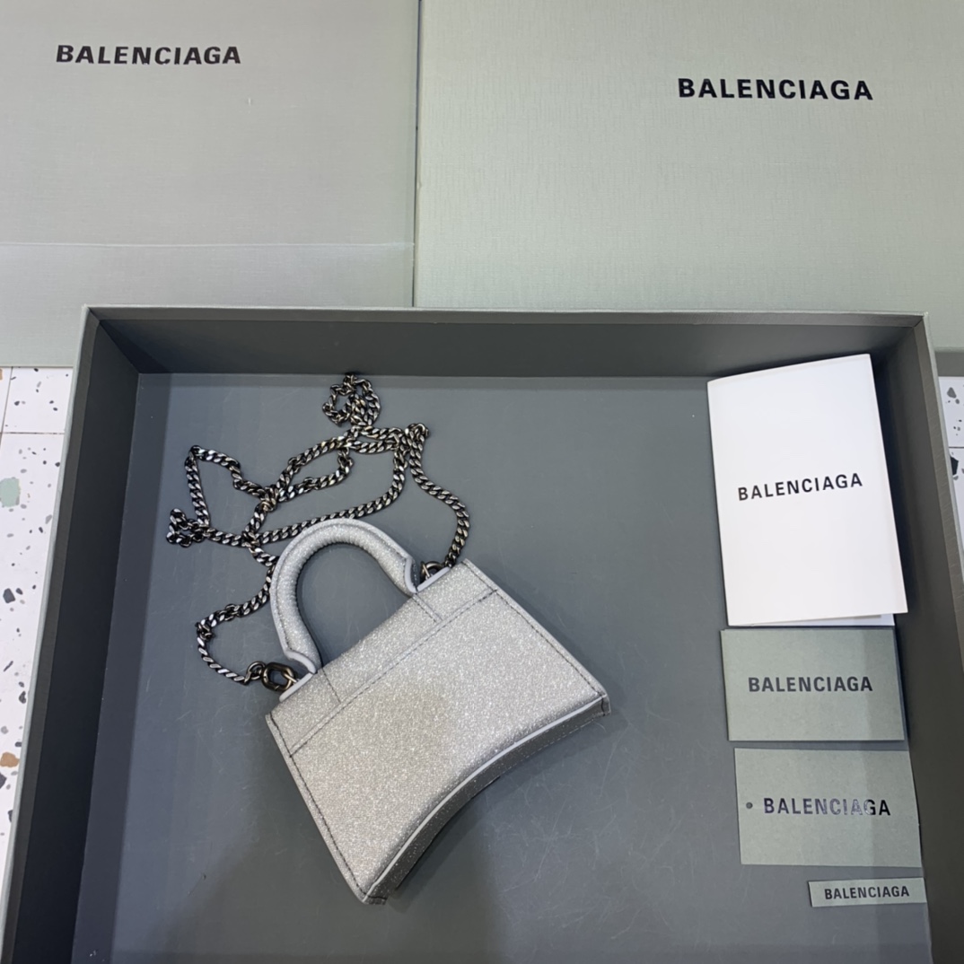 Balenciaga Hourglass Mini Handbag With Chain Calfskin Shoulder Bag Silver gray